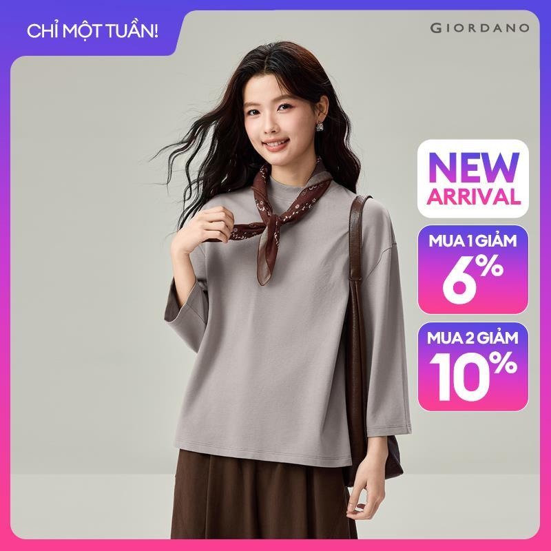 GIORDANO Women Sweatshirts Cotton French Terry Sweatshirts Mock Neck 3/4 Sleeve Fashionable Casual Relaxed Sweatshirts 13326636