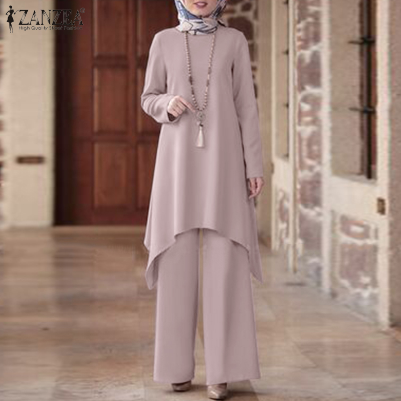Zanzea Muslimah phụ nữ hồi giáo đặt tay áo dài ngọn Thắt lưng co giãn quần xuông phù hợp với