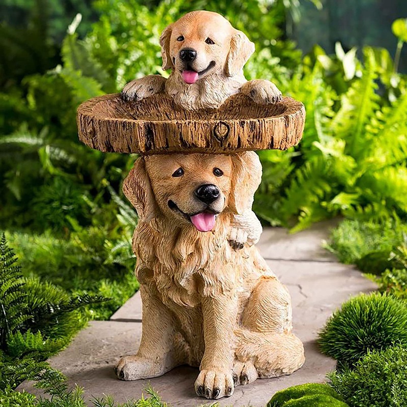 (JGWU) Puppy Polyresin Bird Bath Brown Pedestal Handmade Gifts for Outdoor Home Garden Lawn Yard Decorations