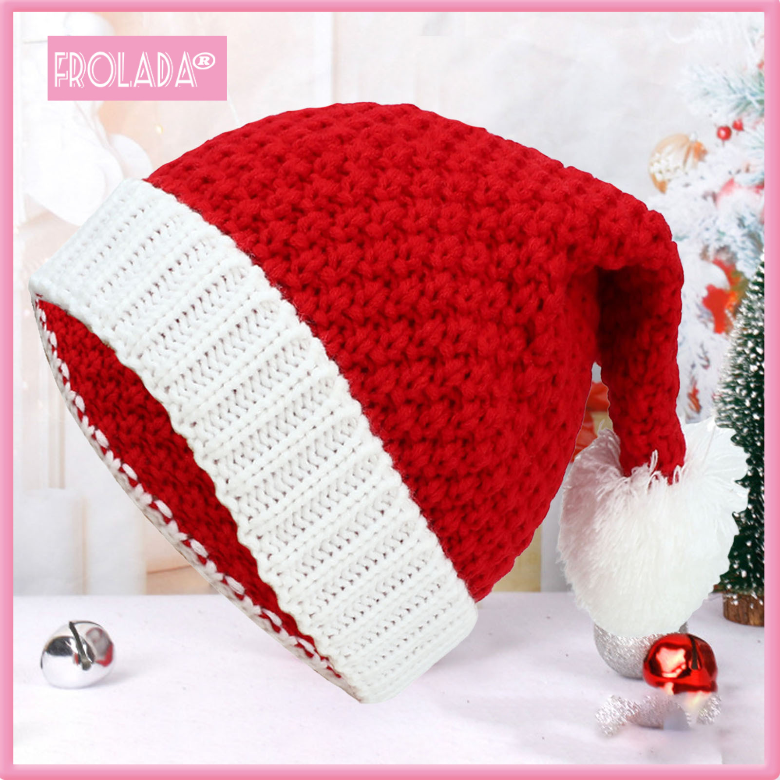 Christmas Hat Knitted White Pompom Handmade Flanging Thermal Dress Up Costume Accessories Woolen Yarn Women Men Unisex Santa Claus Cap for Outdoors ราคา 178 บาท*ส่งฟรี