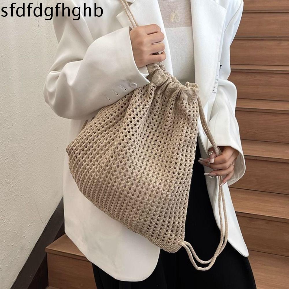SFDFD Sức chứa lớn Túi đeo vai dệt kim Màu trơn Phong cách lười biếng Ba lô đan móc phóng túng Rộng rãi Khoét lỗ Túi dây rút Dệt Đơn giản Ngoài trời