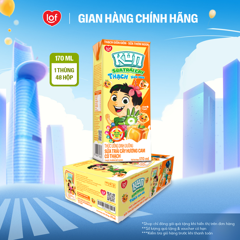 Kun Sữa trái cây Cam có Thạch thùng 48 hộp x 170ml