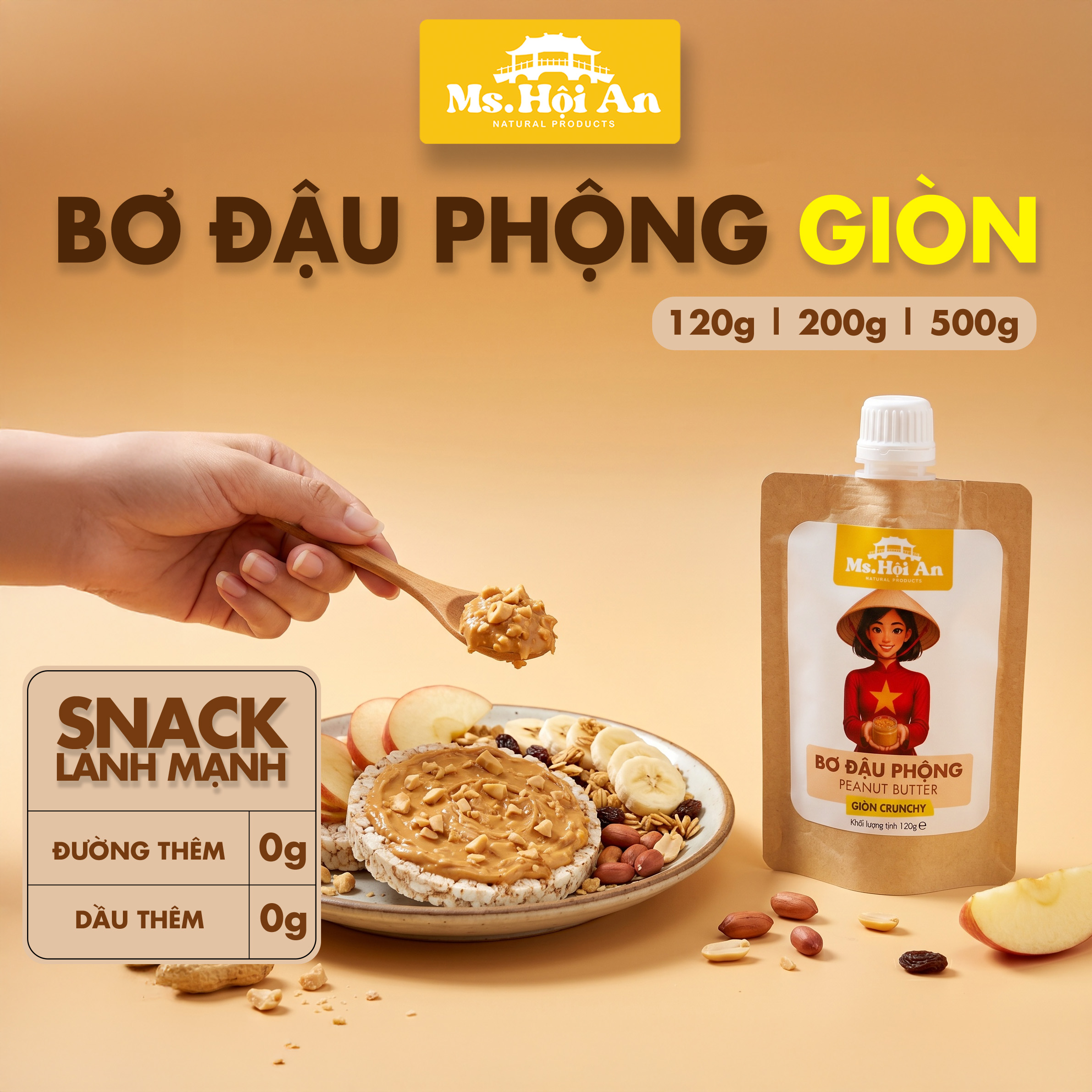 Bơ Đậu Phộng Hạt Giòn Ms. Hoi An - Không Đường Không Dầu - Thuần Chay Eat Clean Gym