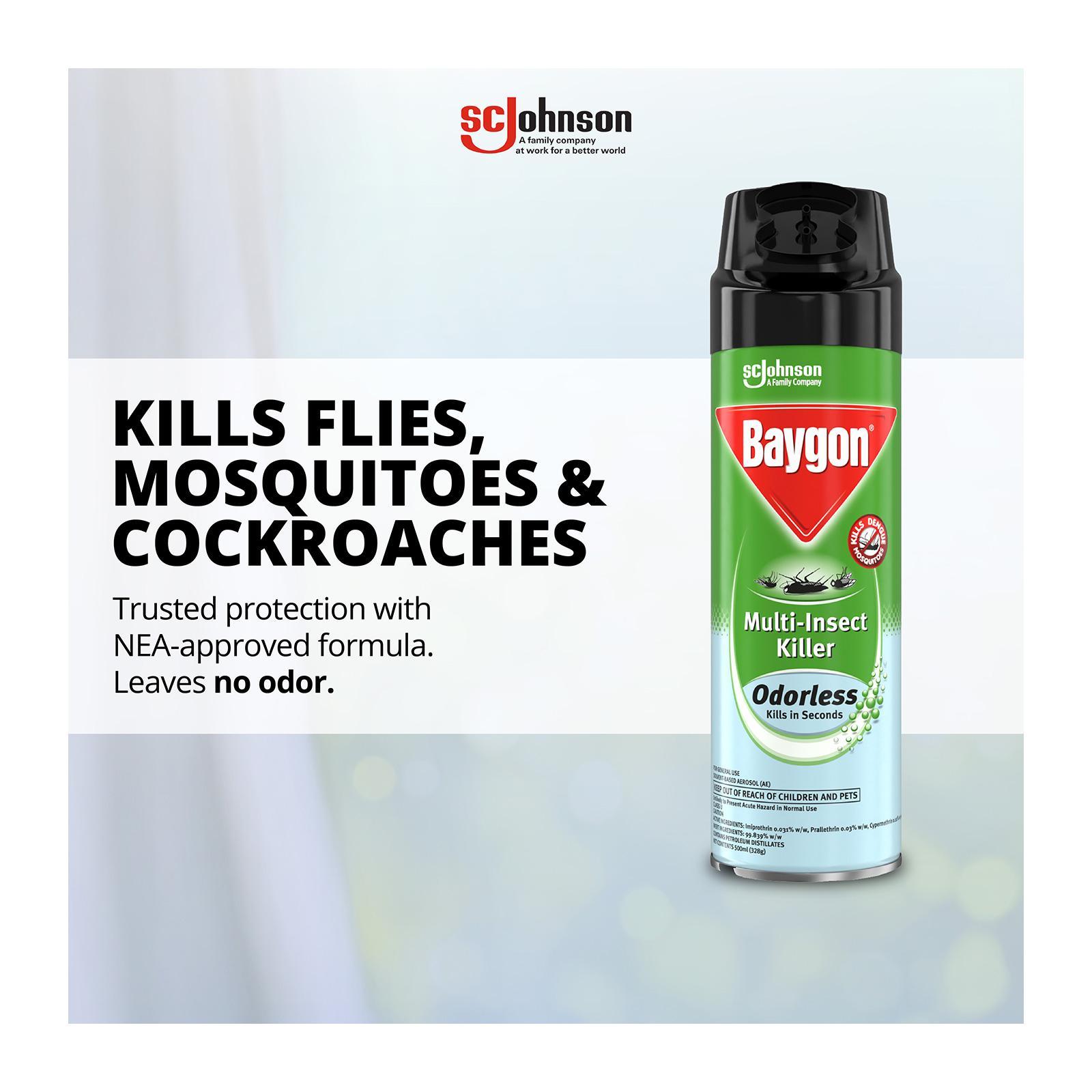 Baygon Odourless Multi-Insect Killer Aerosol Spray - Mosquito Cockroach Flies (500ml)