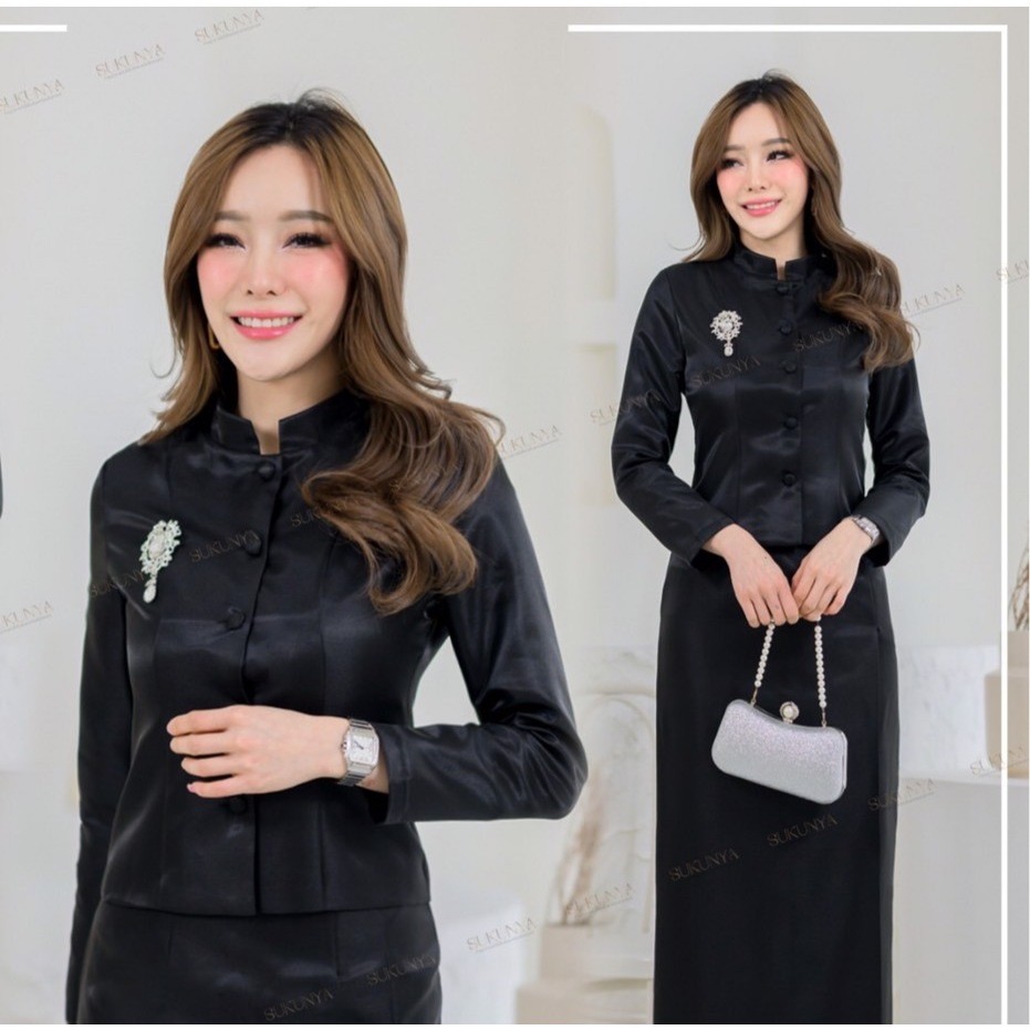 6173:ชุดเซ็ท2ชิ้น ผ้าไหมจิตรลดา ชุดไทยจิตรลดา สีดำ
