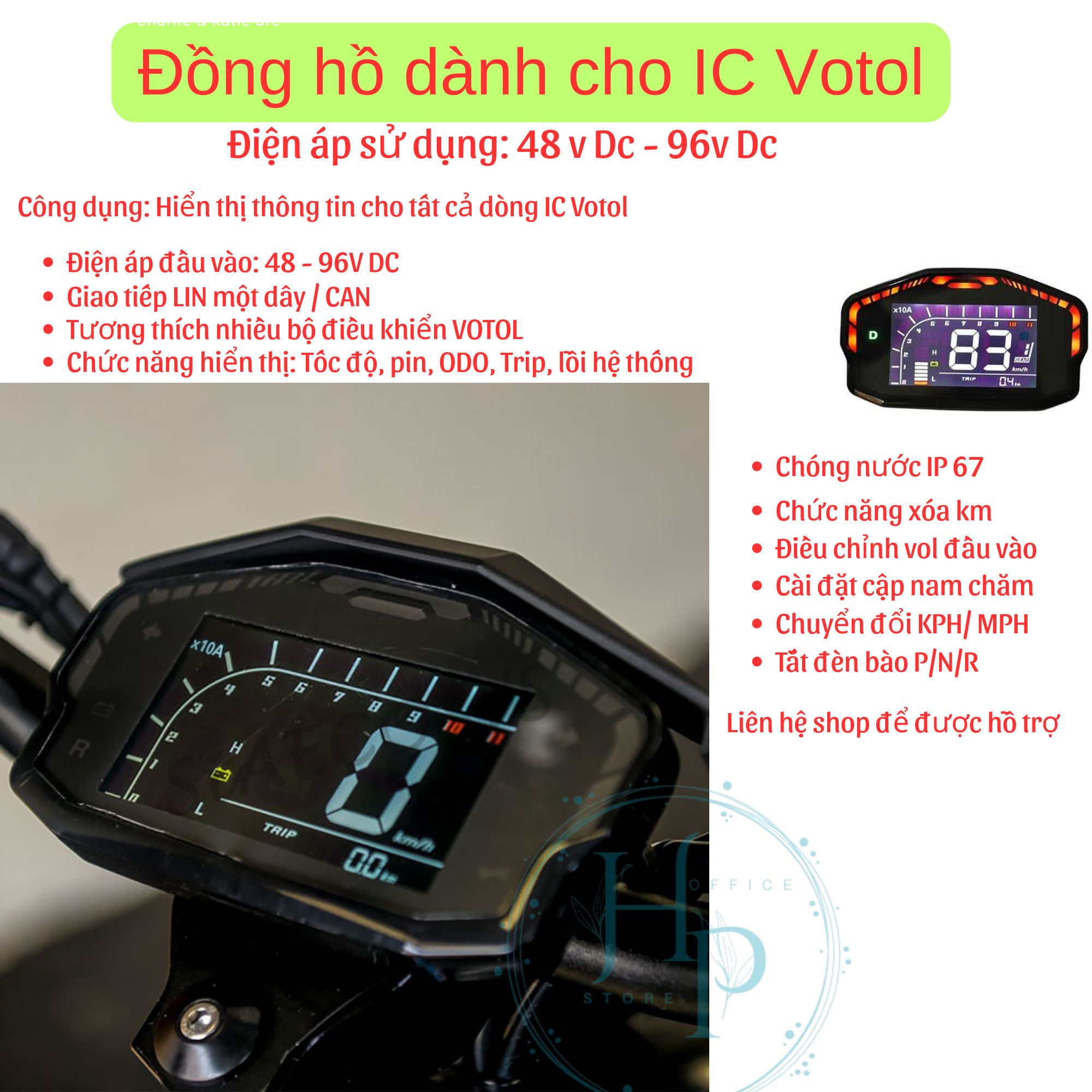Đồng Hồ LCD DKD VOTOL 72V Cho Xe Điện – Hỗ Trợ Giao Tiếp CAN/LIN, Hiển Thị Tốc Độ & Thông Số Động Cơ