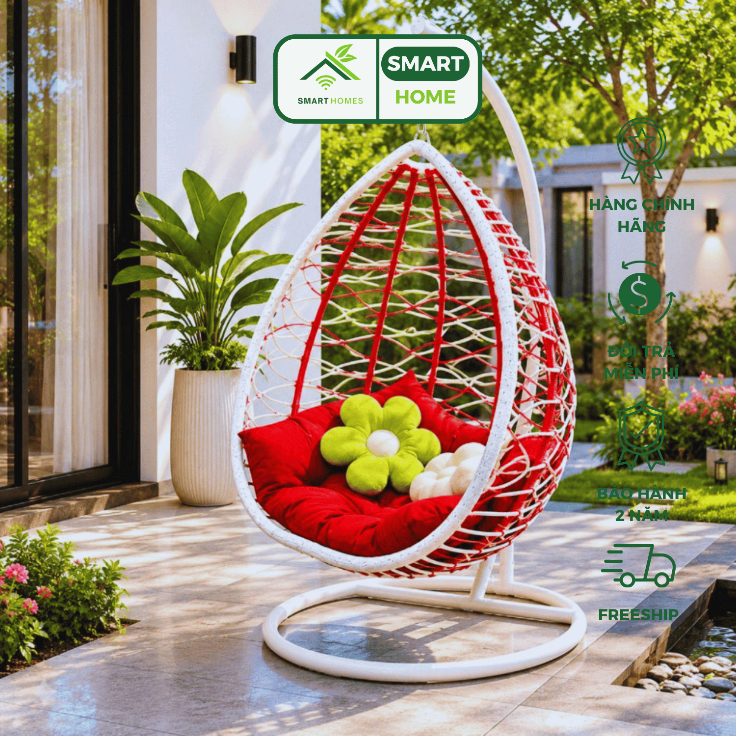 Xích Đu Trứng Đơn SMARTHOMES Khung Sắt Sơn Tĩnh Điện Chân Trắng Decor Ban Công Sân Vườn