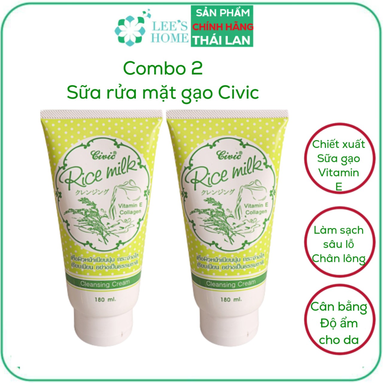 SIÊU RẺ Combo 2 Sữa rửa mặt gạo Civic Rice Milk Thái Lan 180ml- ALOHA STORE