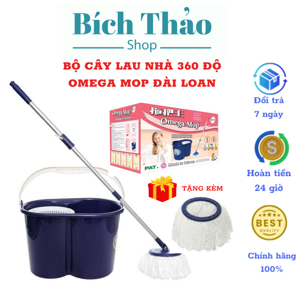 Bộ cây lau nhà 360 độ Omega Mop Đài Loan chổi lau nhà tự vắt thông minh tặng kèm bông lau - Hàng nhậ