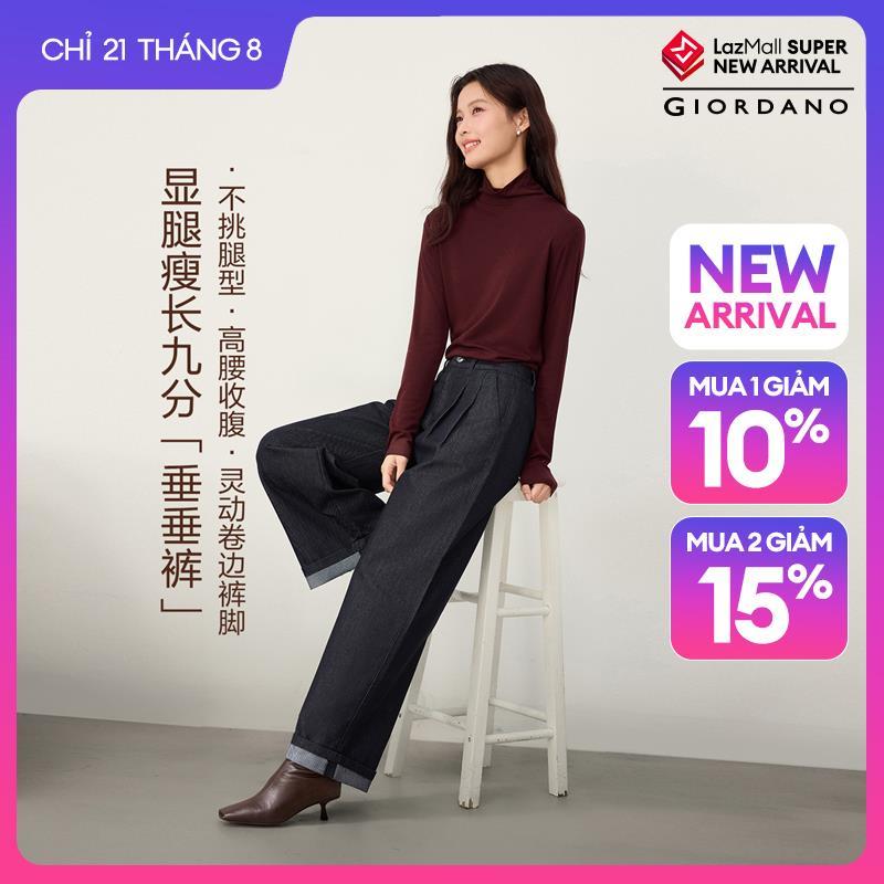 GIORDANO Women Pants Denim-Like Cuffed Hem Pants High Waist Wide Leg Fashionable Casual Loose Pants 05416075