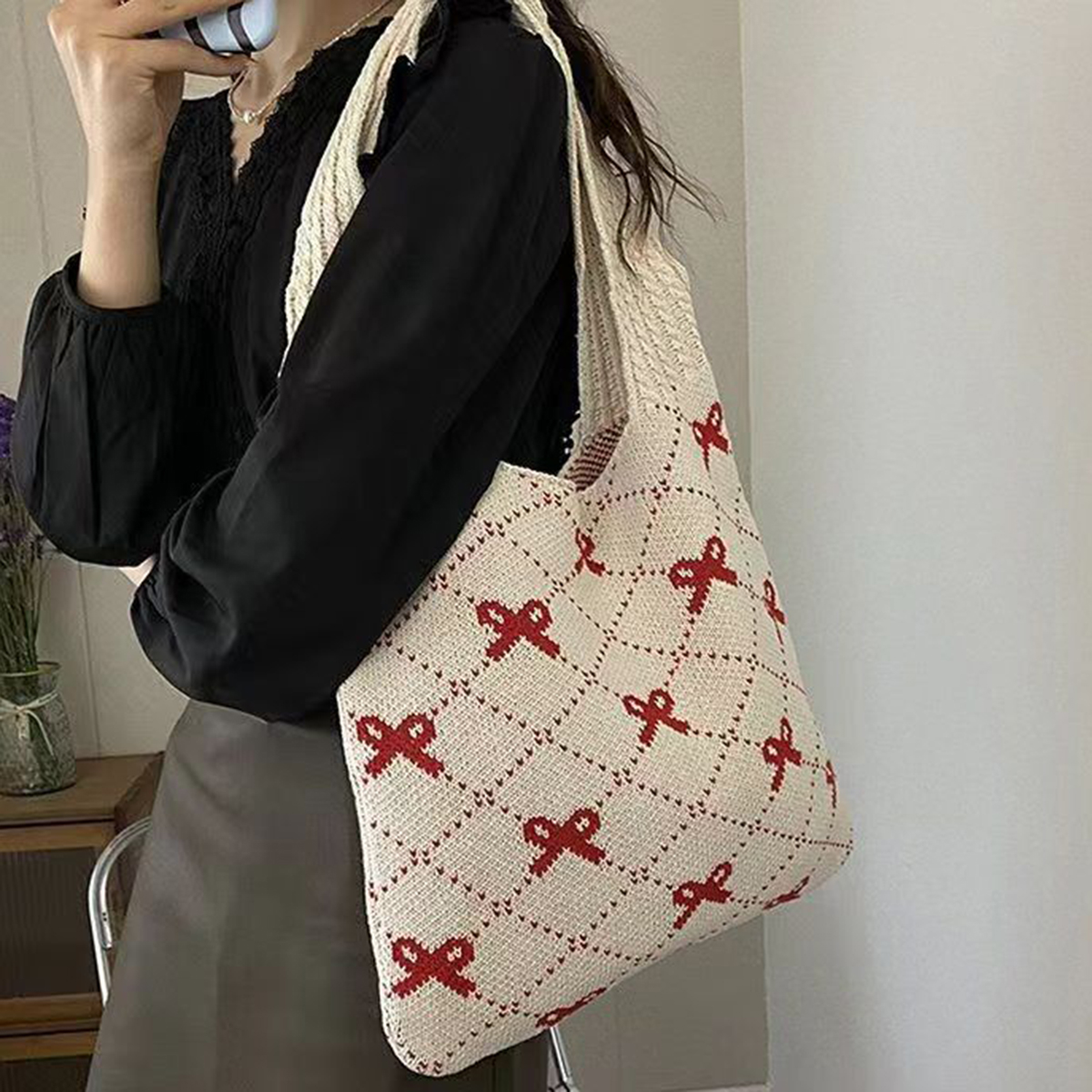 Phụ Nữ Của Thẩm Mỹ Túi đeo vai mẫu nơ Crochet nách Túi dung tích lớn Dệt Kim Túi mua sắm Đa Chức Năng Phụ Nữ Tote Túi