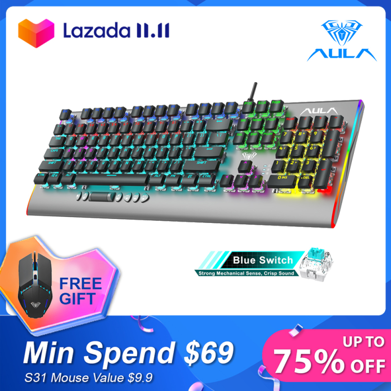 AULA F2099 Wired Mechanical Gaming Keyboard Crystal Switch Multimedia Button, Full Keys Anti-ghosting Marco Programming Metal Panel Wired LED Backlit Keyboard for PC Gamer Singapore