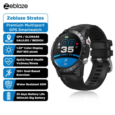 Zeblaze Stratos GPS Watch Built-in 4-Satellite/3-Modes GPS Heart/SpO2/VO2max/Stress 25days Battery Life GPS Smartwatch