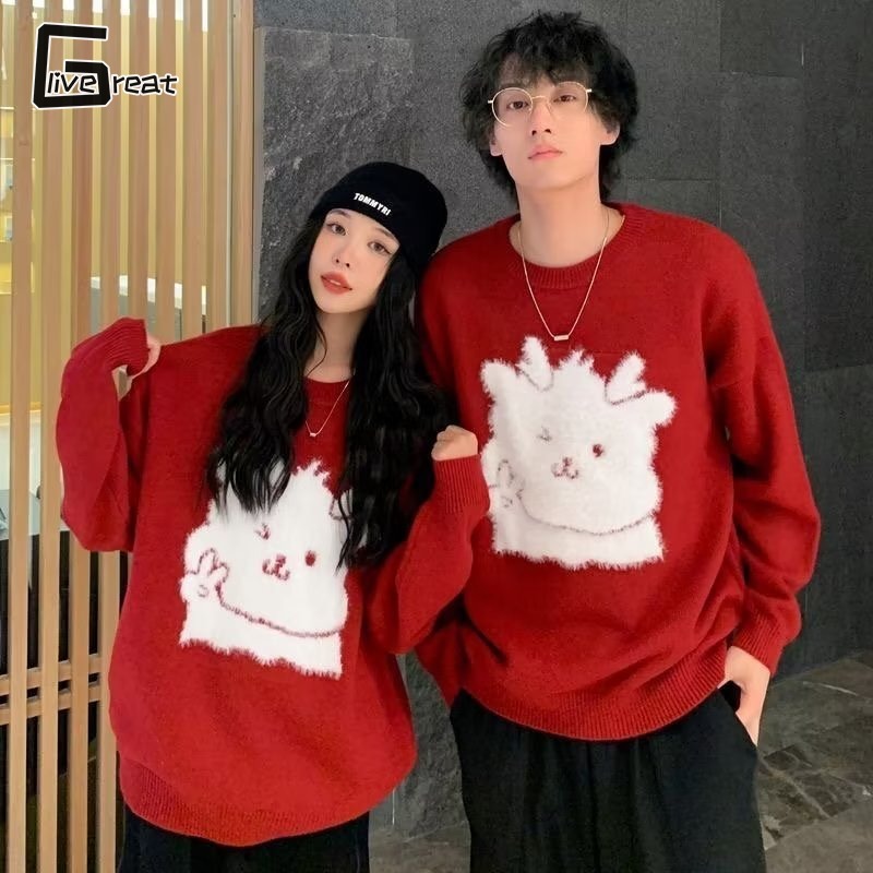 LIVE GREAT Couple s new loose red sweater premium pattern knit