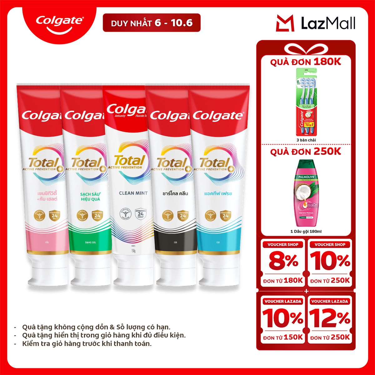 [Chỉ 6-10.6_X2 Voucher giảm 22%] [MỚI] Bộ sưu tập Kem đánh răng Colgate Total sạch sâu bảo vệ, ngăn ngừa 8 vấn đề răng miệng 150g/ tuýp