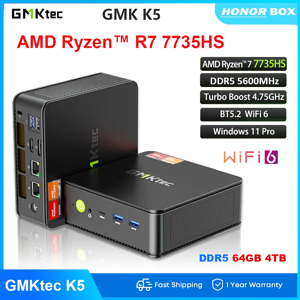 GMKtec K5 MINI PC Ryzen 7 7735HS Windows 11 DDR5 16GB/32GB 500GB PCIe Nvme SSD Dual LAN WIFI6 BT5.2 USB4.0 Desktop MINI PC Gamer Computer ราคา 14,650 บาท*ส่งฟรี