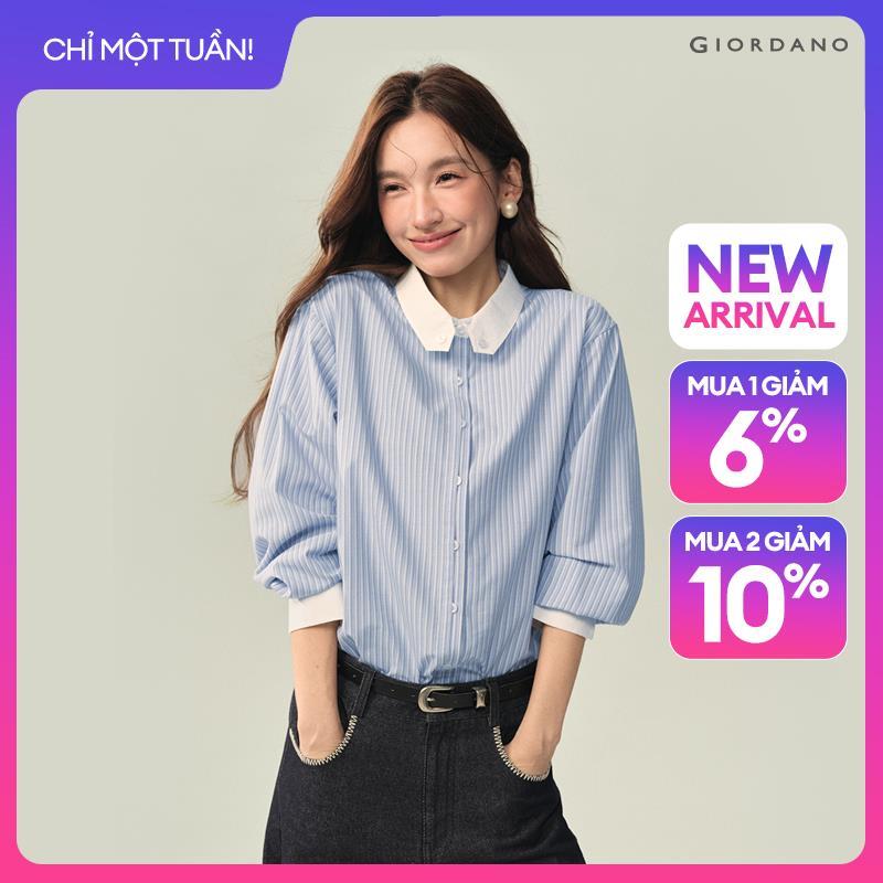 GIORDANO Women Shirts Contrast Panel Striped Shirts Long Sleeve Fashionable Casual Oversized Shirts 18346521