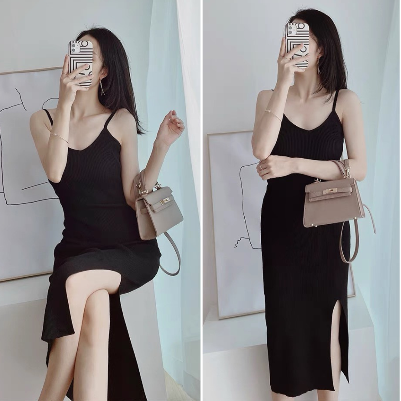ẢNH THẬT] Váy 2 dây dáng dài xẻ tà cổ V ulzzang phối nhún eo siêu xinh |  Shopee Việt Nam