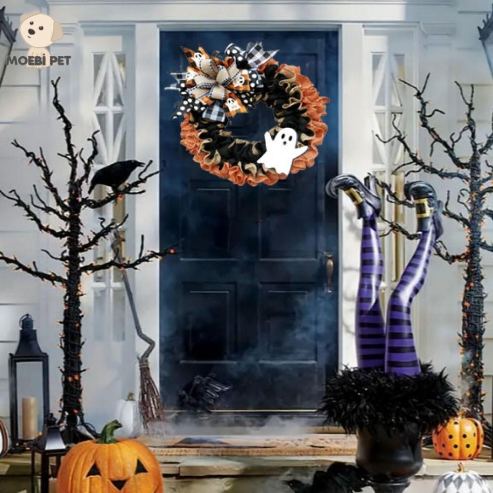 BENEDICT Màu cam Vòng hoa Ma treo Vải lanh Thủ công Vòng hoa trang trí Halloween Vòng hoa lễ hội ma 40cm Vòng hoa búp bê ma mô phỏng Cửa trước