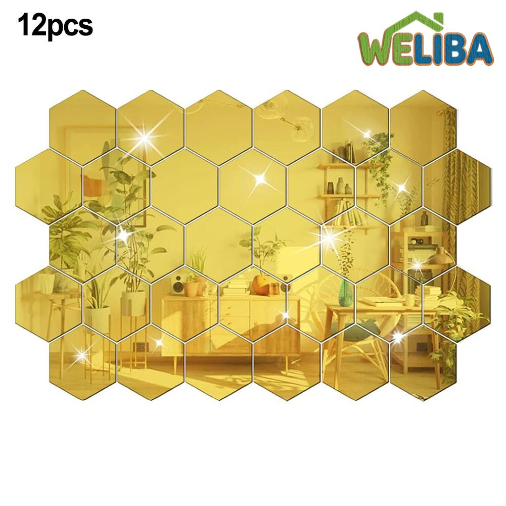 Stylish Acrylic Mirror Decals 12pcs Hexagonal Wall Stickers Gold/Silver ราคา 139 บาท*ส่งฟรี
