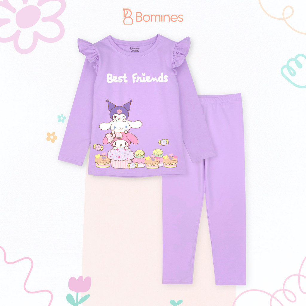 Đồ bộ bé gái tay dài mùa thu Sanrio Bomines bộ ngủ thun cotton cho bé gái từ 3- 10 tuổi 12- 30kg DBT