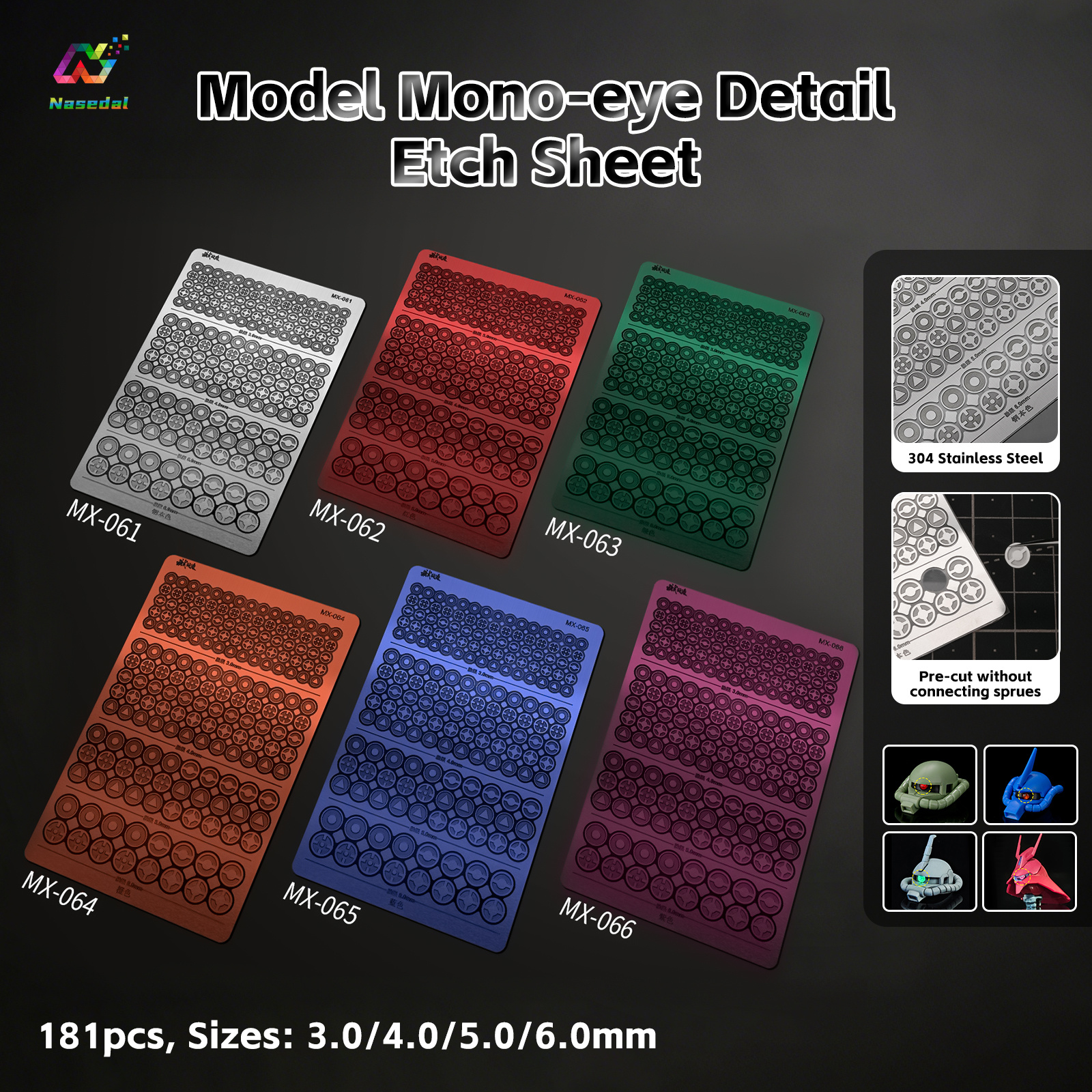 Moshi 181pc Model Mono-eye Detail Etch Sheet 304 Stainless Steel for Zaku HG RG MG Model Upgrade Modification Sizes 3-6mm Make Stereo Glass Eyes with UV Resin Fluorescent Luminous Effect ราคา 139 บาท*ส่งฟรี