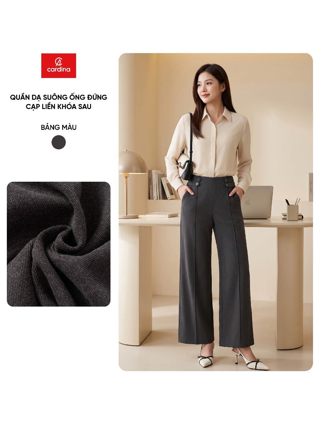 Quần dài nữ CARDINA chất liệu dạ suông ống đứng cạp liền khóa sau  6QDT27