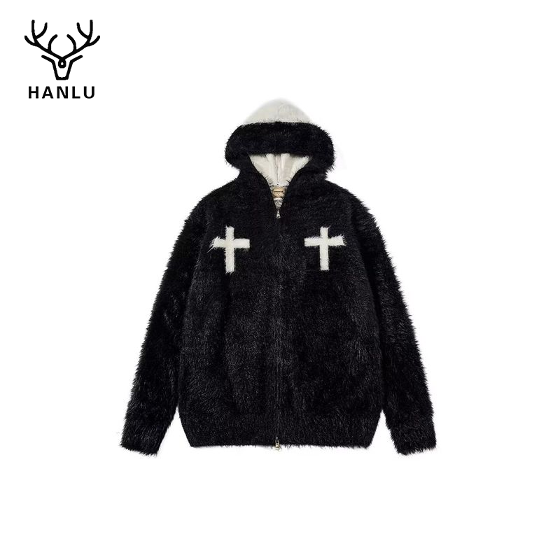 Mỹ đeo chéo Retro hoodie Áo cardigan dệt kim cho nam giới và phụ nữ, ấm cúng mùa đông giản dị vừa rộng áo len áo khoác