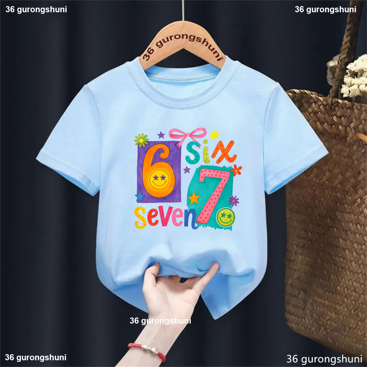 Colorful Six Seven 67 Flowers Bow Star Printed T Shirt Girls Kawaii Kids Clothes Summer Short Sleeve T-Shirt Solid Tshirt Tops - 4