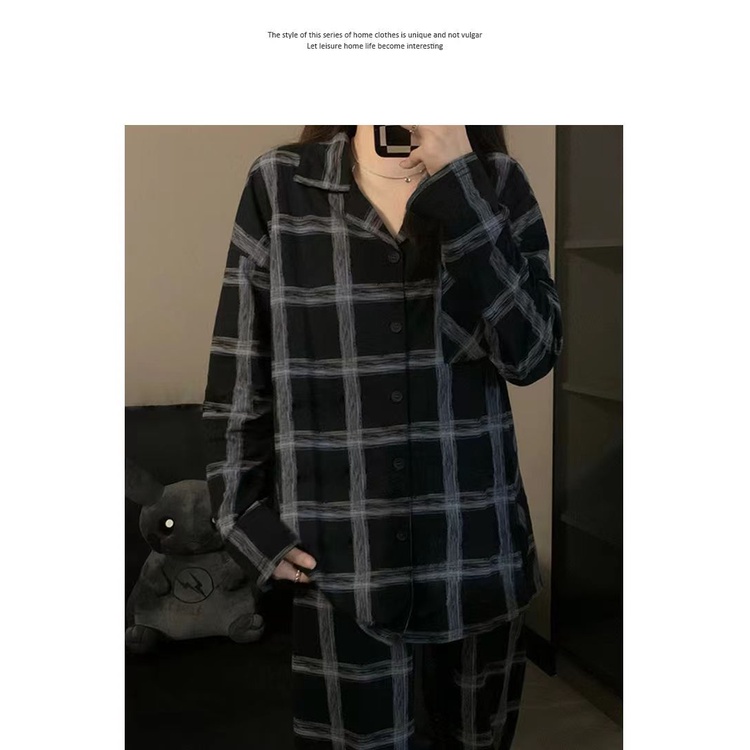 Bộ đồ ngủ pijama hai món họa tiết kẻ sọc caro thời trang phong cách Hàn Quốc dành cho nữ