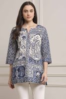 Indigo Blue Cotton Paisley Printed Straight Kurti