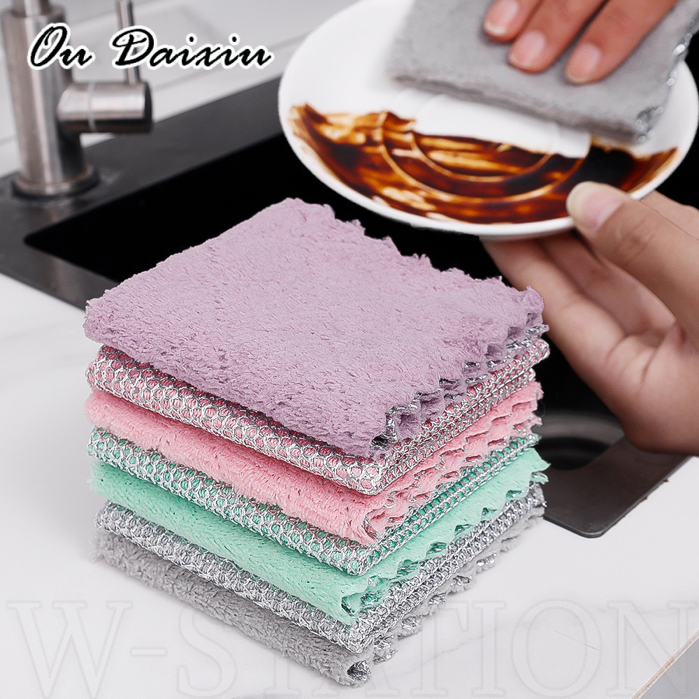 OUDAIXIU 1/5/10ผ้าล้างจานสองด้าน-ผ้าขนแกะปะการัง-ราวตากผ้า-ไม่มีปัญหา, นุ่ม, หนา, ซุปเปอร์ดูดซับ-อุปกรณ์ครัวในครัวเรือน ราคา 10 บาท*ส่งฟรี
