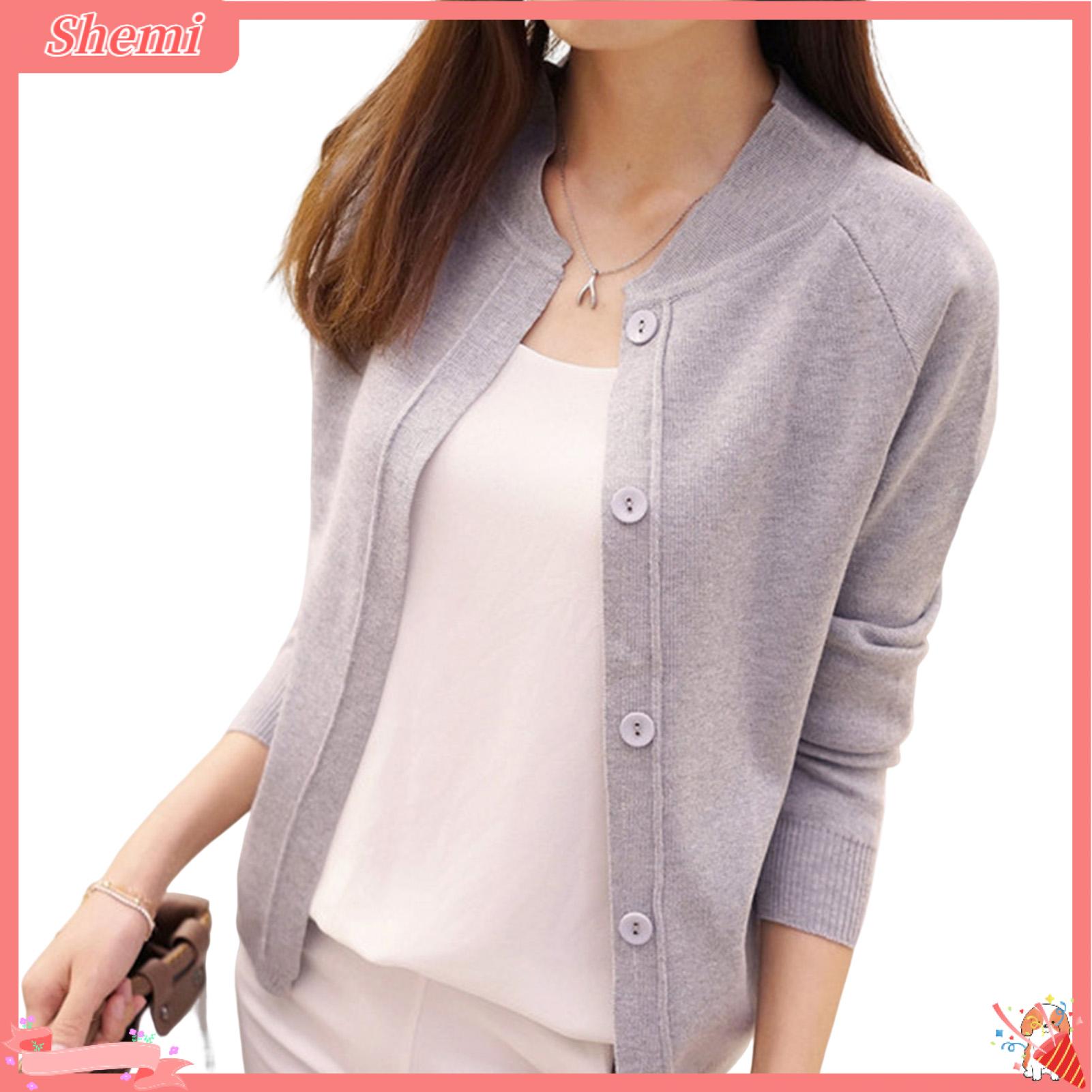 Shemi Bóng Chày Cổ áo tay áo dài gân còng áo khoác áo len thu đông một màu màu nút Placket Áo khoác dệt kim áo khoác ngoài áo khoác áo len mỏng