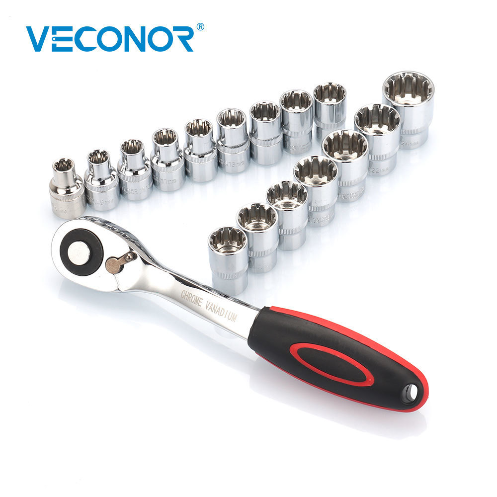 yingke Veconor 17pcs 1/2" Drive Reversible Ratchet Socket Wrench With 16pcs Socket Bits 8-24mm 12.7mm Ratchat Socket Spanner