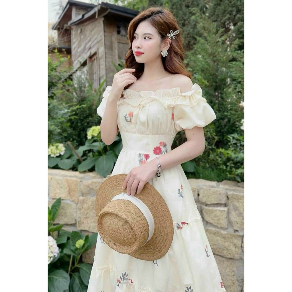 Đầm lụa hoa bèo cổ trễ vai tay phồng có mút ngực tùng xòe 3 tầng vintage