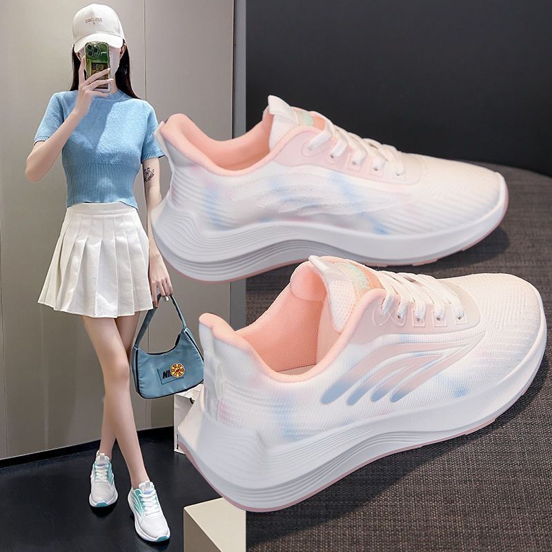 Women Sports Shoes Casual Flat Breathable Knitted Sneakers New Shock-absorbing Sports Tennis Shoes Woman Lace Up Soft Bottom Walking Shoes