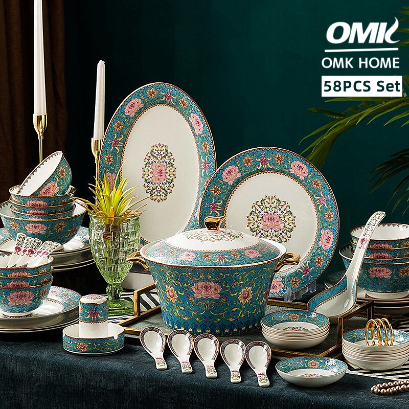 OMK 58PCS Classic style luxury Bone China Tableware Set Party tableware suitable for 10 people Dinner Plate Set bowl ราคา 18,826 บาท*ส่งฟรี
