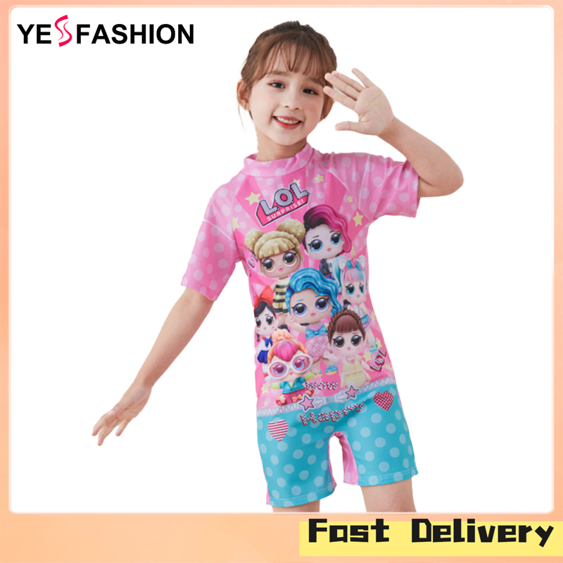 Yesfashion Store IN stock2pcs Girls Swimsuit Cartoon Princess Printing One Piece Short Sleeve Swimsuit Swimming Cap ราคา 163 บาท*ส่งฟรี