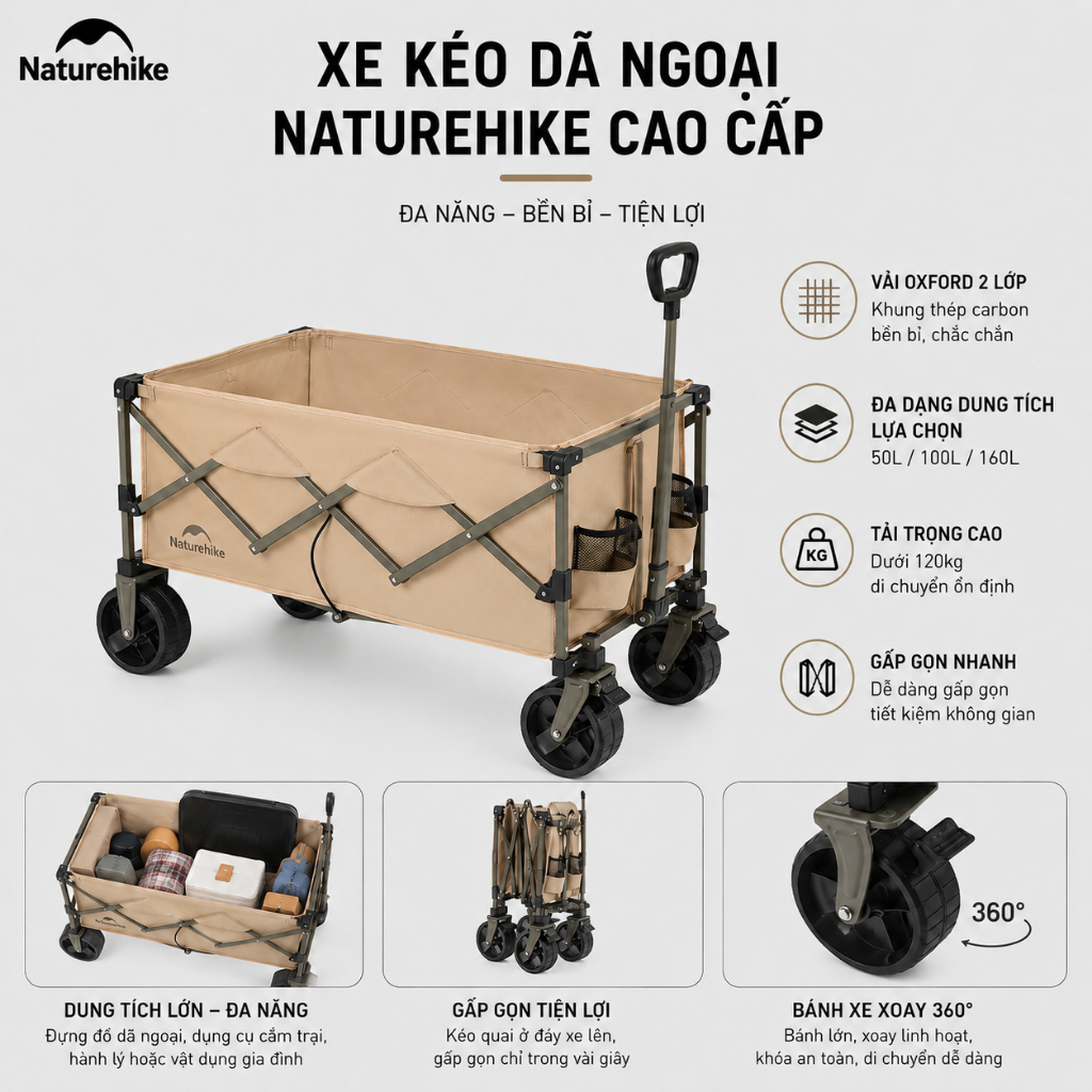 Xe kéo dã ngoại Naturehike CNK2350JJ012 - Xe đẩy di động ngoài trời có thể gập lại - SGTOOLS
