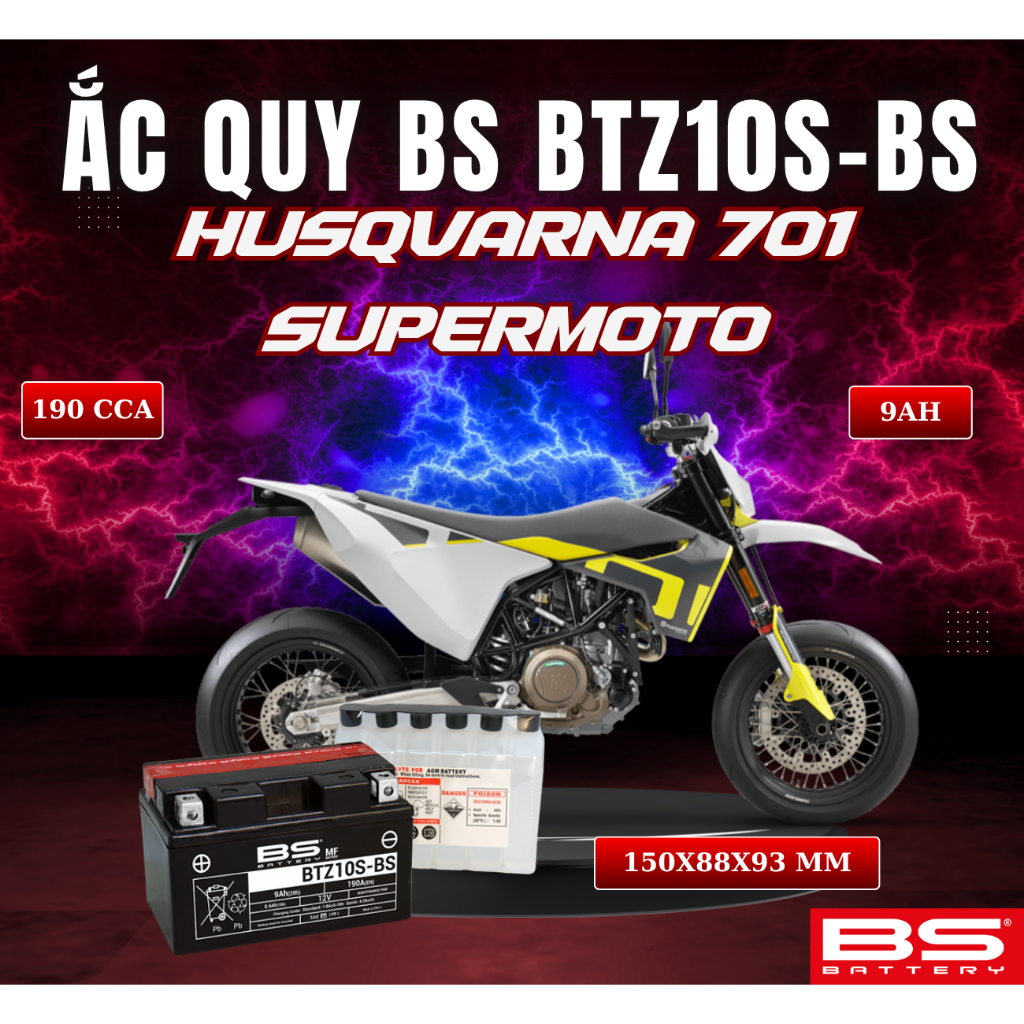 BÌNH ẮC QUY BS BATTERY BTZ10S-BS 190CCA HUSQVARNA 701 SUPERMOTO (150 x 88 x 93 mm)