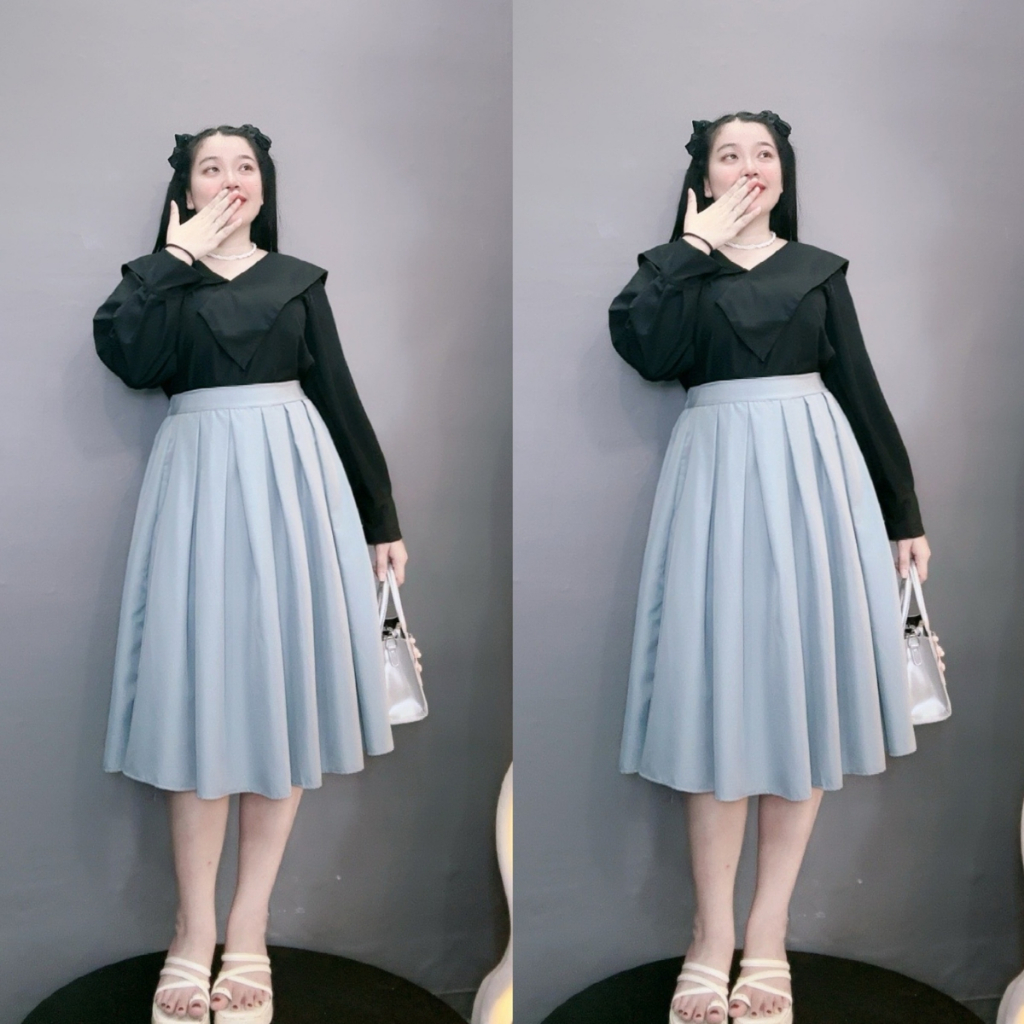 Áo sơ mi Bigsize Nữ tiểu thư tay dài bồng che khuyết điểm cổ tim vạt bèo chất vải lụa chéo dày mịn m