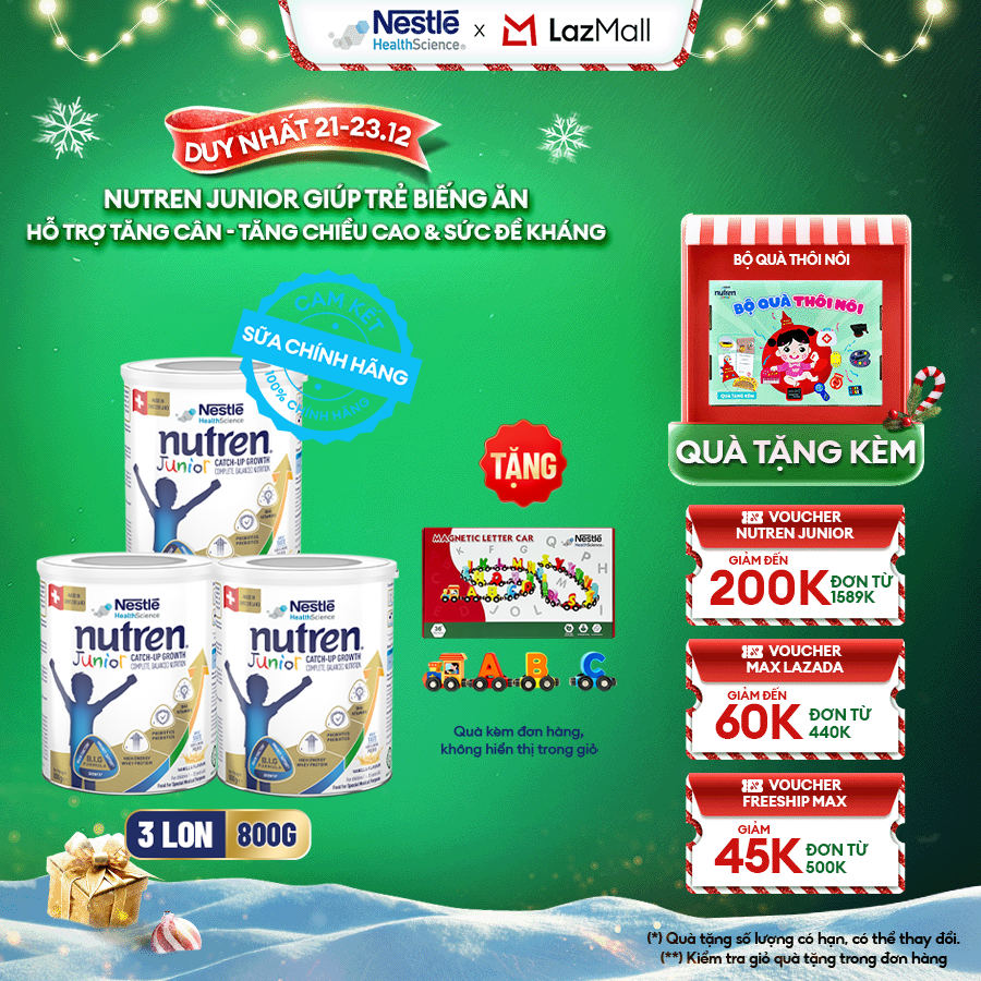[Tặng Đoàn Tàu Nam Châm Chữ Và Số] Bộ 3 Sữa Bột NESTLÉ NUTREN JUNIOR Xuất Xứ Thụy Sĩ Công Thức BIG Hỗ Trợ Tăng Trưởng Thể Chất,Trí Não,Đề Kháng Cho Bé 800G