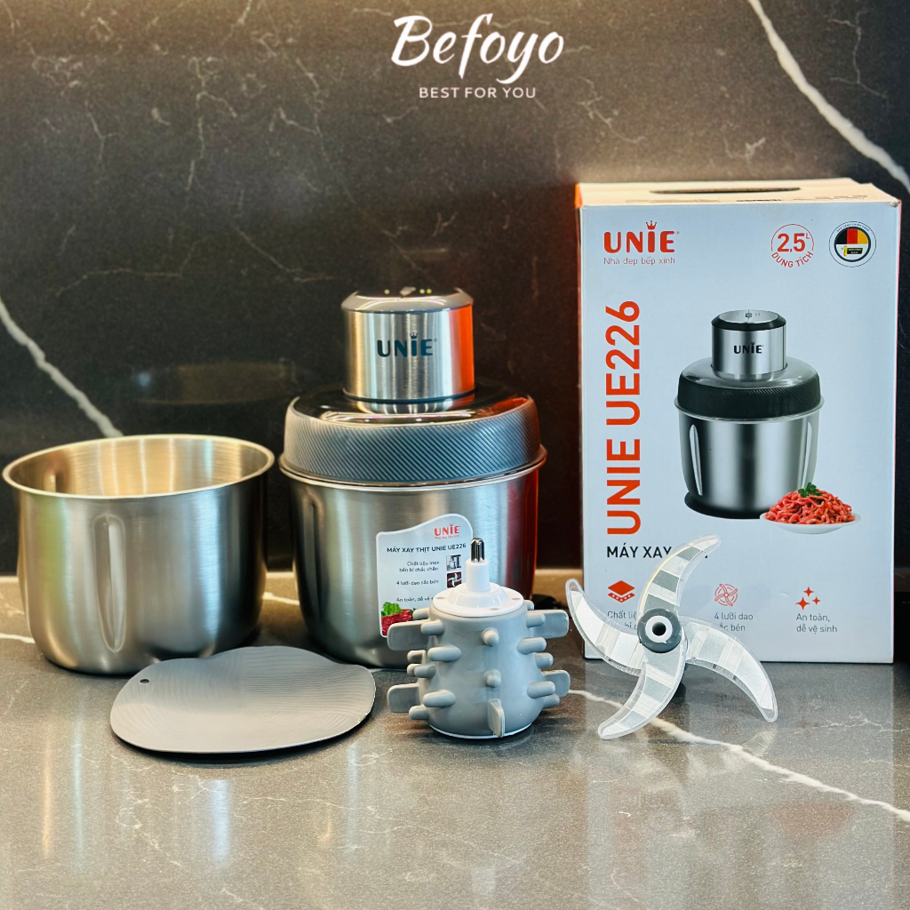Máy xay thịt unie ue226 eu228 dung tích 2.5l, cối inox 304, lưỡi dao 4 cánh sắc bén, 2 tốc độ, bảo hành 12 tháng befoyo