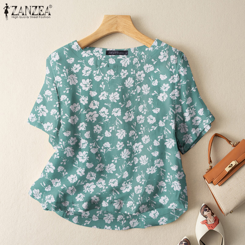 ZANZEA Women's Blouse Vintage Casual Short Sleeve O Neck Floral Print Holiday Beach Pullover Tops #2 ราคา 156 บาท*ส่งฟรี
