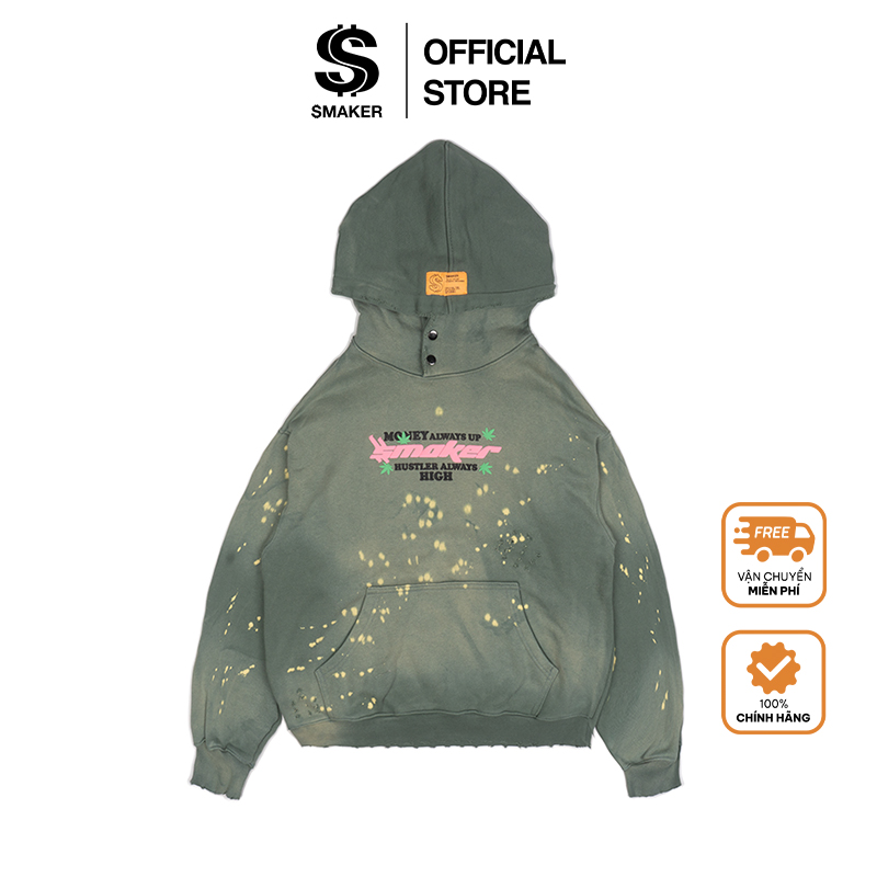 Áo hoodie 100% cotton vải washed màu xanh lá - money always up washed hoodie in olive
