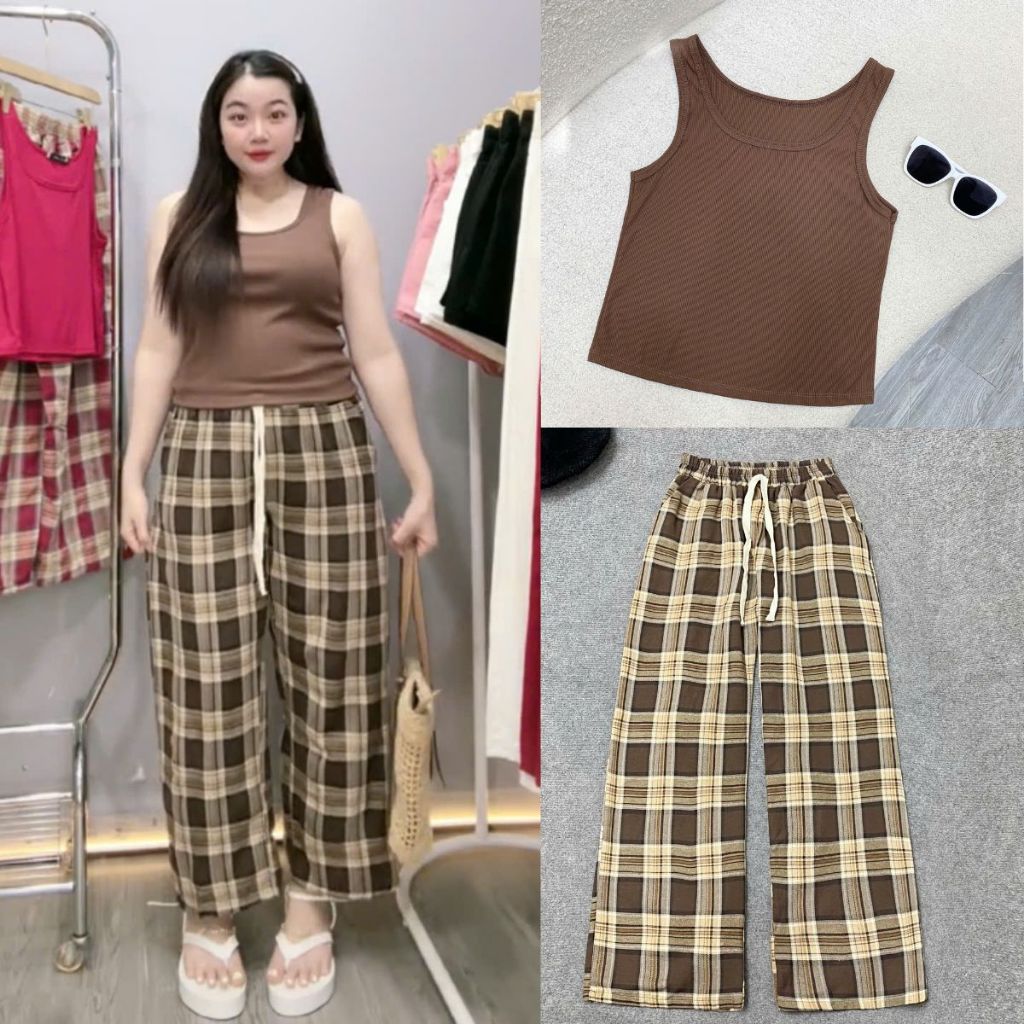  Set bộ áo thun bigsize nữ ba lỗ mix quần xuông sọc caro mặc thoáng mát năng động thể thao - SET976 