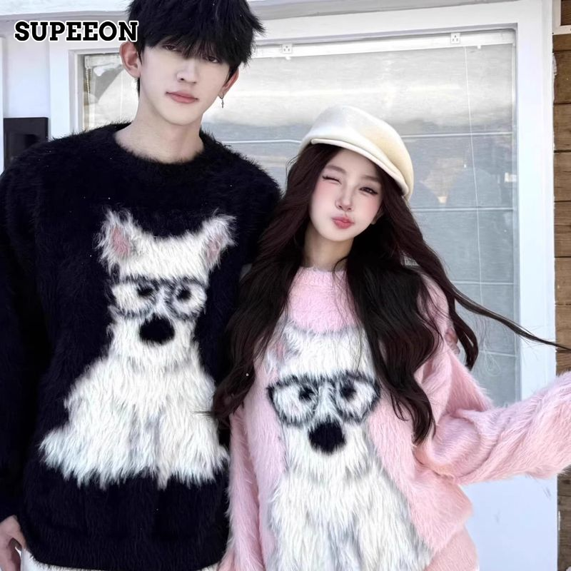 Dễ Thương hoạt tiết hình cún con Mềm Nếp Áo Len đồ MẶC ĐÔI mùa thu và mùa đông Ấm Áp Nhàn Rỗi Phong Cách áo len rộng Thân Thiện Với Da Thoáng Khí Giản Dị Mặc