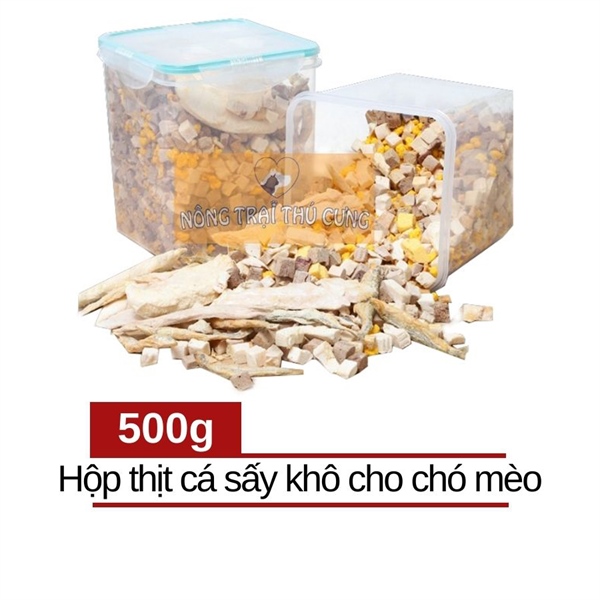 NHÃN TRẮNG Hộp Thịt Cá Sấy Khô 500g Cho Chó Mèo - Mix 8 loại -