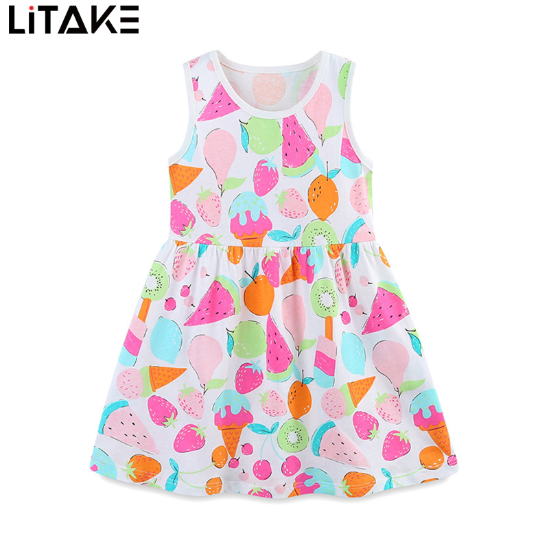 Girls Dresses Soft Summer Cotton Round Neck Sleeveless Dresses T-Shirt Casual Cartoon Fruit Printed Skirt ราคา 205 บาท*ส่งฟรี