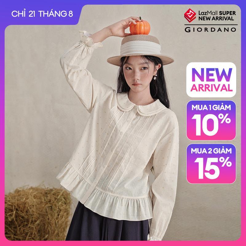 GIORDANO Women Blouses Polka Dot Doll Collar Blouses Pintuck Placket Long Sleeve Fashionable Casual Loose Blouses 18346822